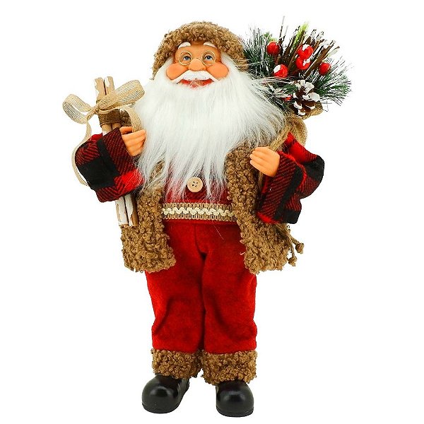 Papai Noel Rústico Colete Xadrez Pergaminho e Saco Presentes Decor 30cm - Magizi