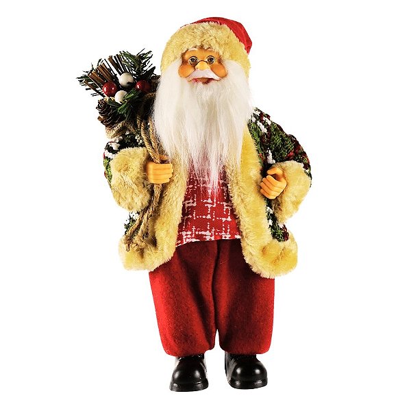 Papai Noel Rústico 30cm Colete Lã e Veludo Decorado Gorrinho Guizo - Magizi