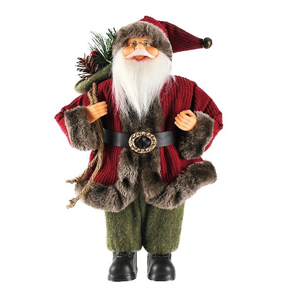 Papai Noel Rústico 30cm Casaco Vinho e Verde Musgo Gorro Guizo - Magizi
