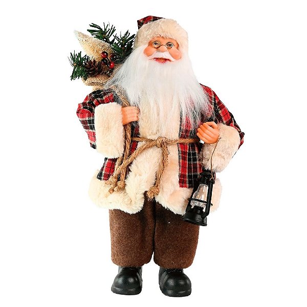 Papai Noel Rústico 30cm Casaco Xadrez e Veludo com Lamparina - Magizi
