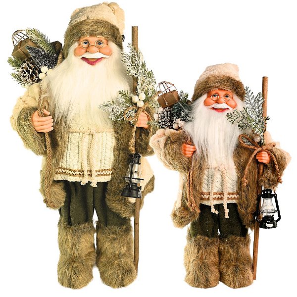 Conjunto 2 Papai Noel Rústico 60cm e 40cm Casaco Creme Veludo Luxo com Lamparina - Magizi