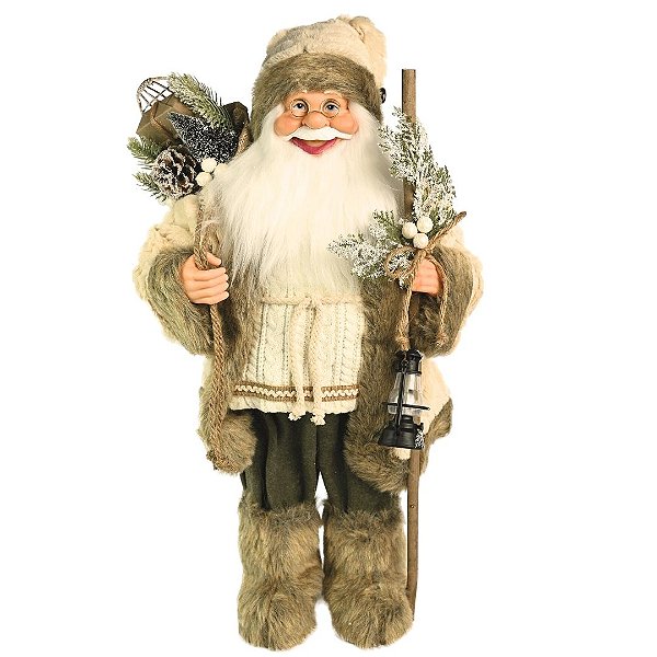 Papai Noel Rústico Grande 60cm Casaco Creme Veludo e Lantejoula Luxo com Lamparina - Magizi