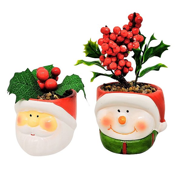 Jogo 2 Mini Vasos Decorativos Cerâmica Natal Papai Noel e Boneco de Neve Folhagens e Berries 13cm - Master Christmas