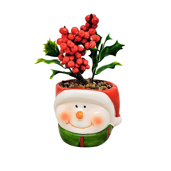 Mini Vaso Decorativo Cerâmica Natal Rosto Boneco de Neve Folhagens e Berries 13cm - Master Christmas