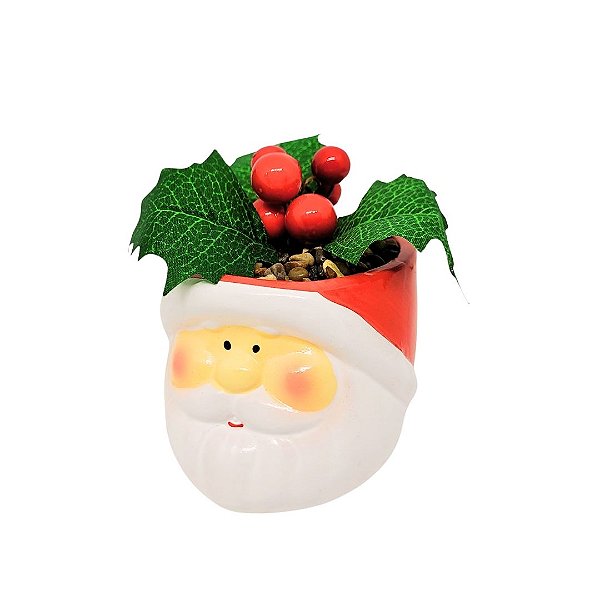 Mini Vaso Decorativo Cerâmica Natal Rosto Papai Noel Folhagens e Berries 9cm - Master Christmas