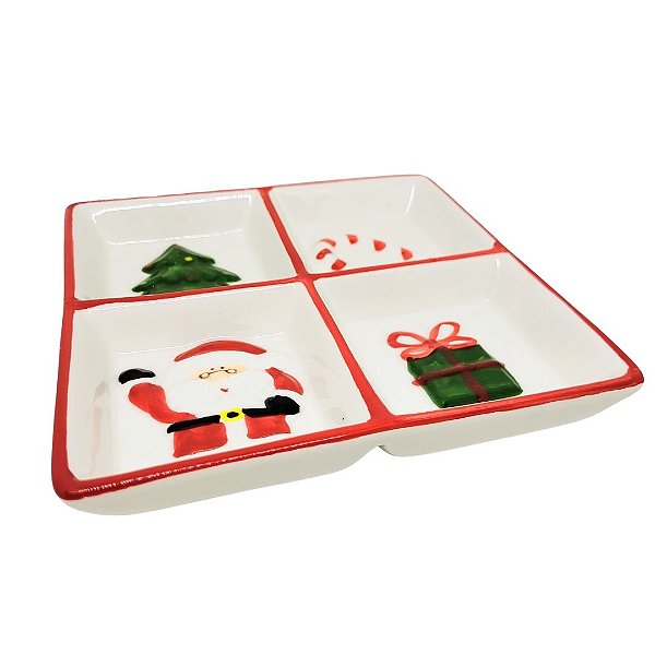 Petisqueira Cerâmica Decorada Natal Papai Noel 20cm 4 Compartimentos -Master Christmas
