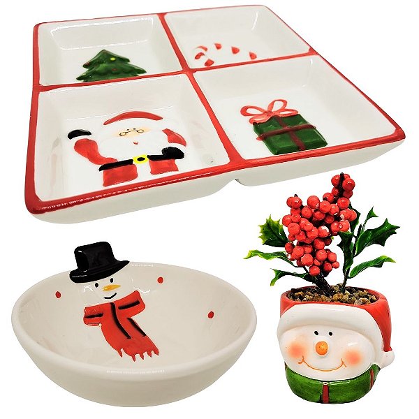 Conjunto Petisqueira, Tigelas Bowl e Vaso Cerâmica Natal Papai Noel e Boneco de Neve - Master Christmas