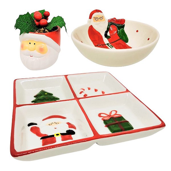 Conjunto Petisqueira, Tigela Bowl e Mini Vaso Cerâmica Natal Papai Noel Alto-Relevo - Master Christmas