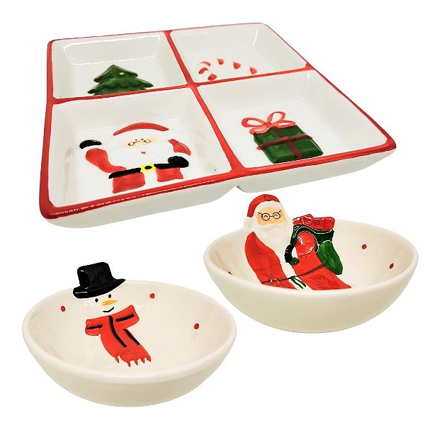Conjunto Petisqueira e 2 Tigelas Bowl Cerâmica Natal Papai Noel e Boneco de Neve - Master Christmas