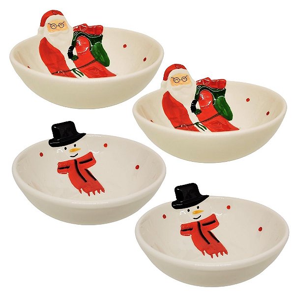 Jogo 4 Tigelas Bowl Cerâmica Natal Papai Noel e Boneco de Neve 13cm 250ml - Master Christmas