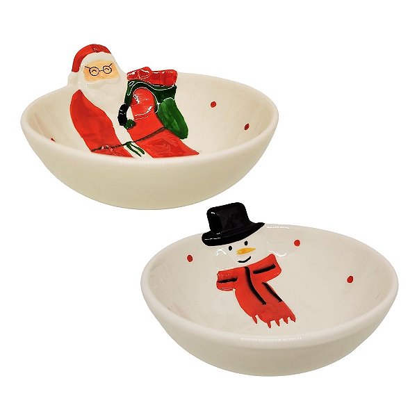 Jogo 2 Bowl Cerâmica Natal Papai Noel e Boneco de Neve 13cm 250ml - Master Christmas