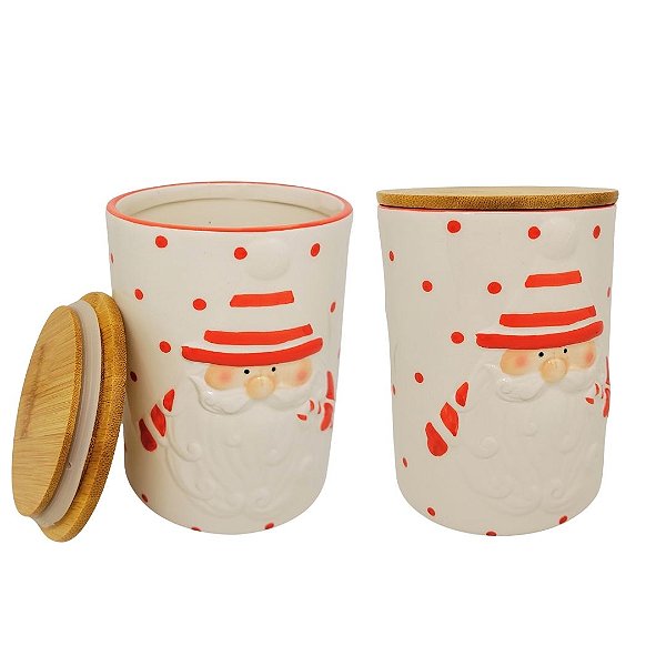 Jogo 2 Potiche Decorativo Natal Papai Noel Cerâmica Tampa Hermética Bambu 1000ml - Master Christmas