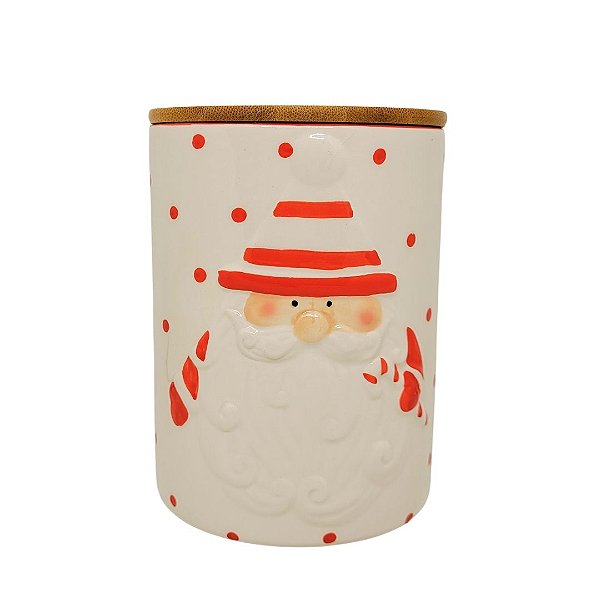 Potiche Decorativo Natal Papai Noel Cerâmica Tampa Hermética Bambu 1000ml - Master Christmas