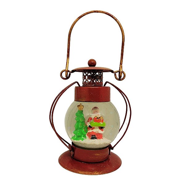 Globo de Neve Natalino Vidro Papai Noel e Lampião em Metal Rústico 18cm - Nataluz