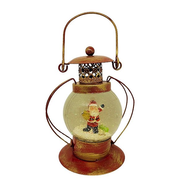 Globo de Neve Natalino Vidro Papai Noel e Lampião em Metal Rústico 20cm - Nataluz