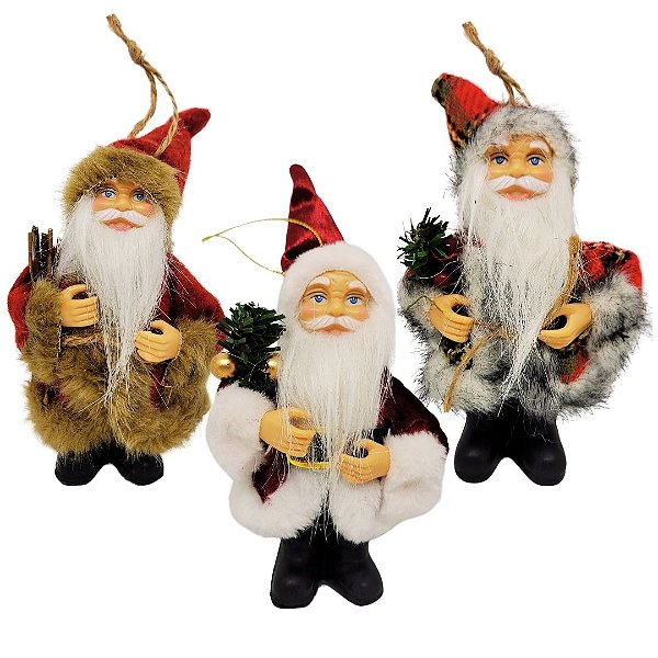 Kit 3 Papai Noel Decorativo Mix Vermelho, Vinho e Xadrez 15cm - Magizi
