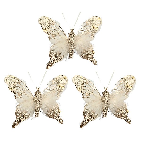 Kit 3 Borboletas Decoradas Glitter Champanhe Plumas Luxo 8cm - Magizi