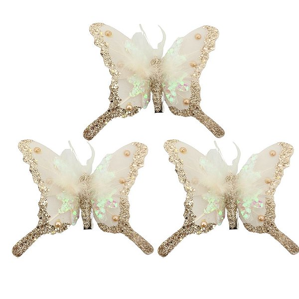 Kit 3 Borboletas Decoradas Gliter Champanhe Furta Cor Plumas Luxo 8cm - Magizi