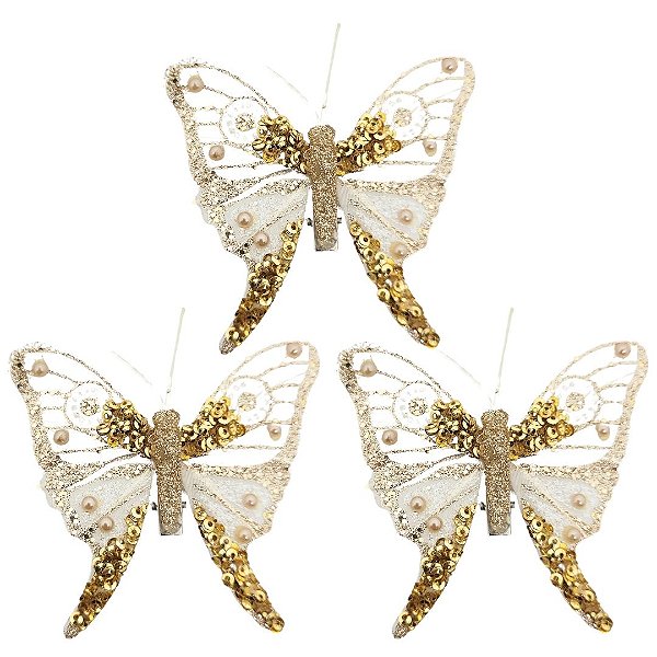 Kit 3 Borboletas Decoradas Glitter e Lantejoulas Champanhe Gold Luxo 8cm - Magizi