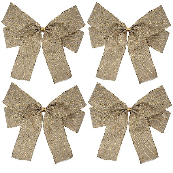 Jogo 4 Laços Pronto Natal Linho Cru Ponto de Luz Borda Dourada 24cm - Decor Natal