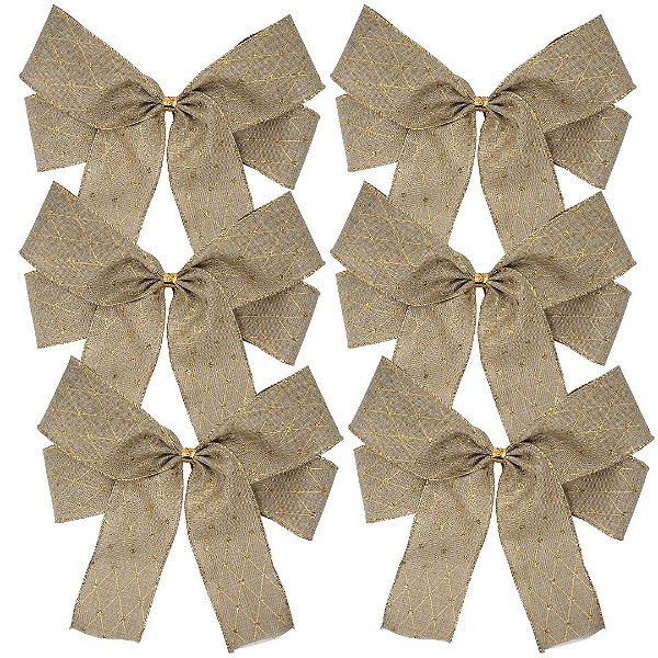 Jogo 6 Laços Pronto Natal Linho Cru Ponto de Luz Borda Dourada 24cm - Decor Natal