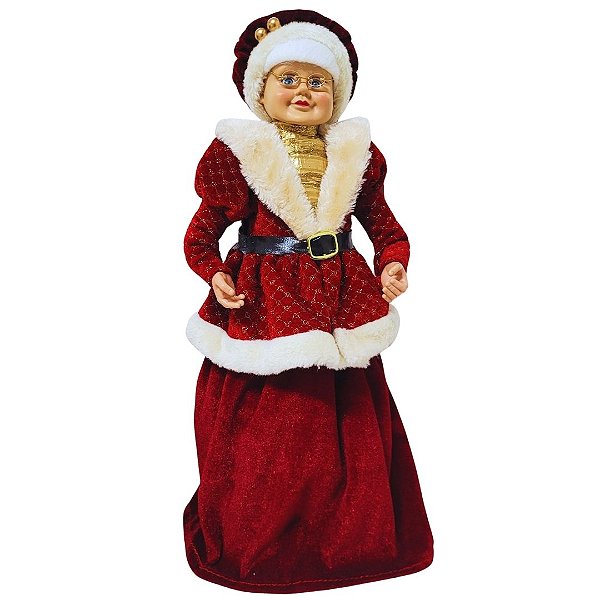 Mamãe Noel Decorativa Vestido Vinho e Creme Luxo 45cm - Noel Decor