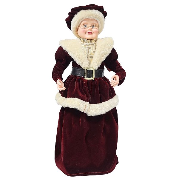Mamãe Noel Decorativa Vestido Luxo Vinho e Creme Gold 45cm - Noel Decor