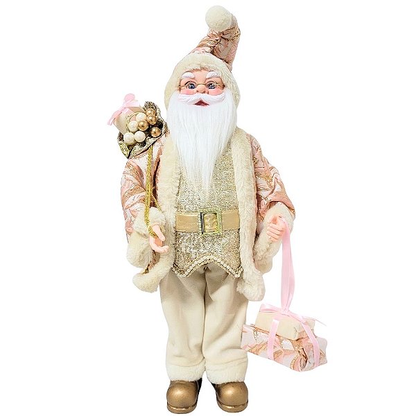 Papai Noel Decorativo Casaco Luxo Rosê e Pérola 45cm - Noel Decor