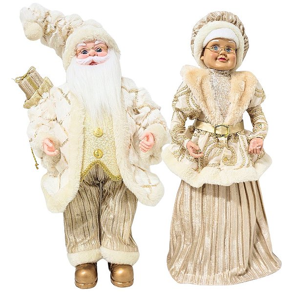 Jogo Casal Papai e Mamãe Noel Decorativo Casaco Pelúcia Luxo Branco e Dourado 50cm - Noel Decor