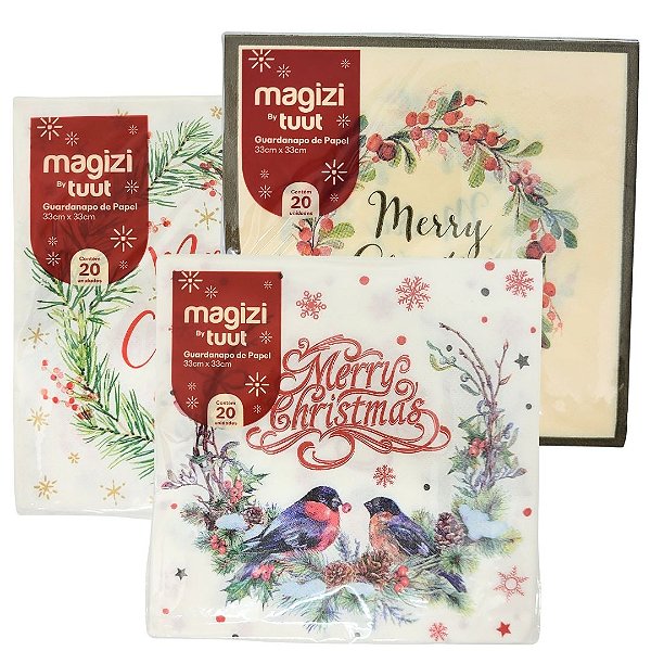 Kit 3 Pacotes Guardanapos Decorados Natal Folhas Duplas Grandes 33cm 20 Folhas - Magizi