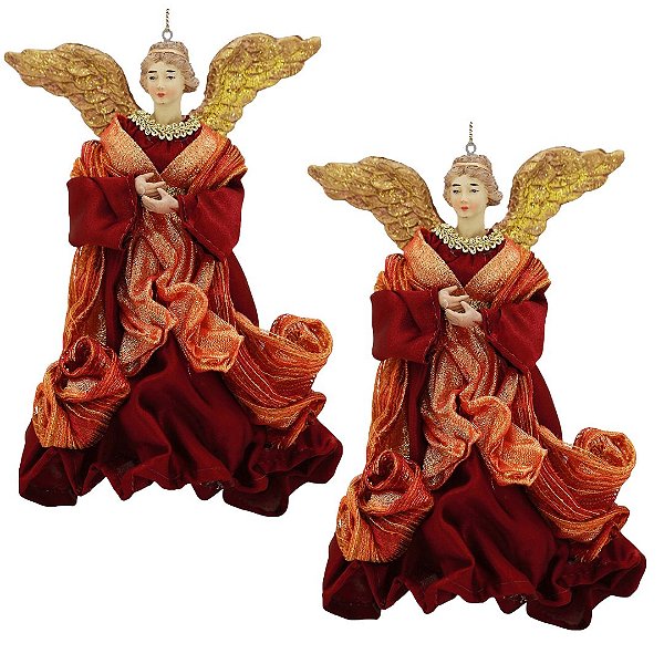 Kit 2 Anjos Pendente Vinho Luxo Ponteira Árvore Natal 25cm - Magizi