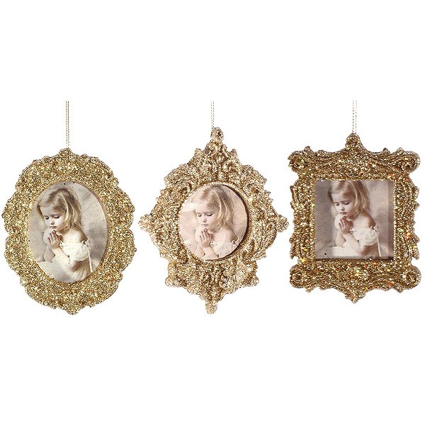 Jogo 3 Porta Retrato Decorativo Glitter Dourado Para Árvore Natal 10cm - Magizi