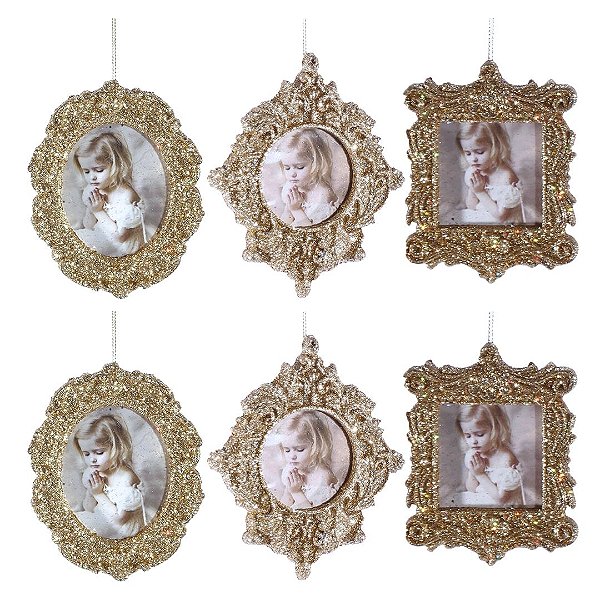 Kit Porta Retrato Glitter Champanhe Gold Para Árvore Natal 10cm 6 Peças - Magizi