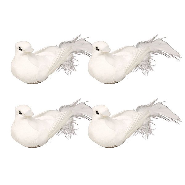 Kit 4 Pombinhas Branca Pena Ganso 9cm Enfeite Natal - Magizi