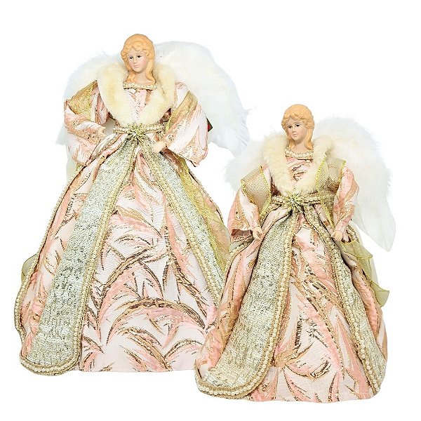 Jogo 2 Anjos Decor Natal Ponteira Árvore Rosê Gold Luxo 40cm e 30cm - Noel Decor