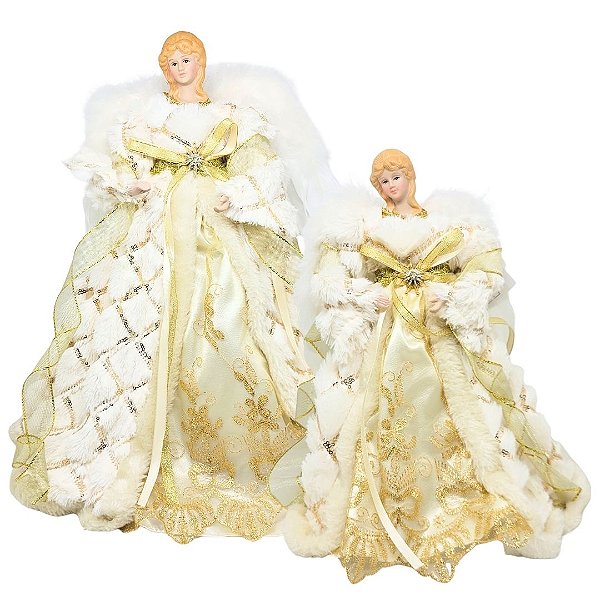 Jogo 2 Anjos Decor Natal Ponteira Árvore Veludo Branco e Dourado Luxo 40cm e 30cm - Noel Decor