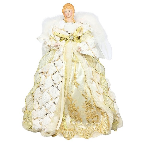 Anjo Decorativo Natal Ponteira Árvore Veludo Branco e Dourado Luxo 40cm - Noel Decor