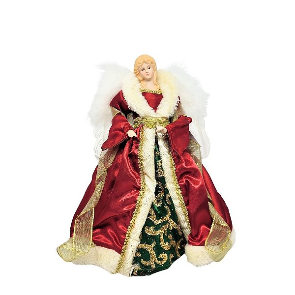 Anjo Decorativo Natal Ponteira Árvore Seda Luxo Vermelho e Verde 30cm - Noel Decor