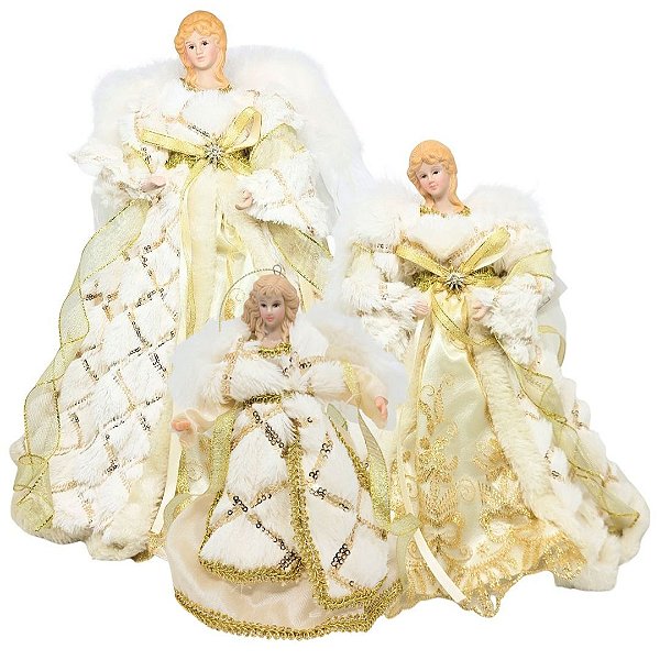 Jogo 3 Anjos Decor Natal Ponteira Árvore Veludo Branco e Dourado Luxo - Noel Decor