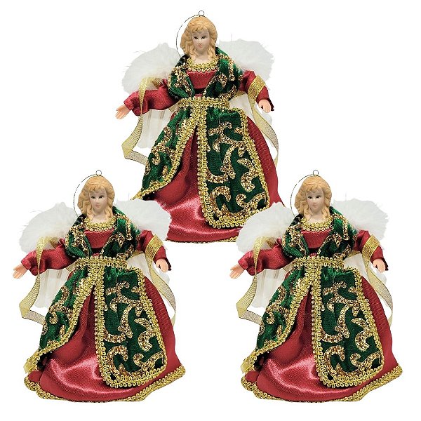 Jogo 3 Anjos Decorativo Natal Pendente Seda Luxo Vermelho e Verde 17cm - Noel Decor
