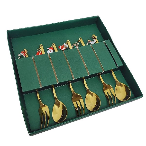 Jogo de Talhares Sobremesa Natalino Inox Dourado com Pingente 6 Peças - Magizi