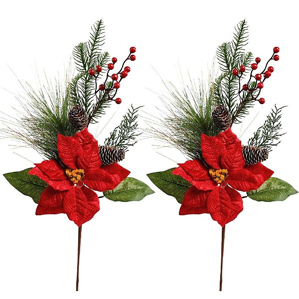 Galho Flor Bico de Papagaio Natal Vermelho Decorado Pinhas Naturais e Berries 40cm - Magizi