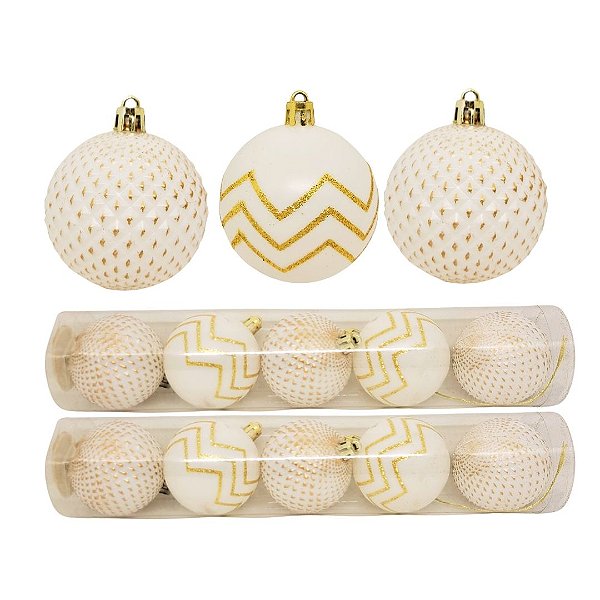 Jogo 10 Bolas Natal Mista Decoradas Branco e Dourado Glitter 6cm - Magizi