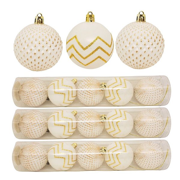 Jogo 15 Bolas Natal Mista Decoradas Branco e Dourado Glitter 6cm - Magizi