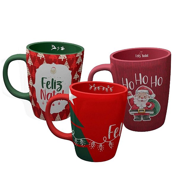 Jogo 3 Canecas Cerâmica Decorada Natal Vintage Premium 330ml - Magizi