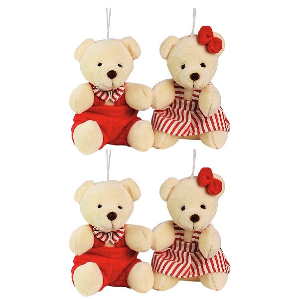 Jogo 4 Ursinhos Pelúcia Pendente Natal Creme Roupa Vermelha Listrada 10cm - Magizi