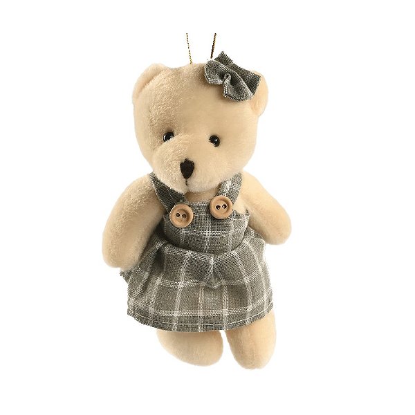 Ursinho Pelúcia Pendente Natal Menina Roupa Xadrez Cinza 13cm - Magizi