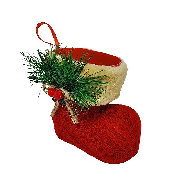 Bota Decorada Enfeite Árvore Natal Tricô Vermelho Pick e Berries 14cm - Magizi