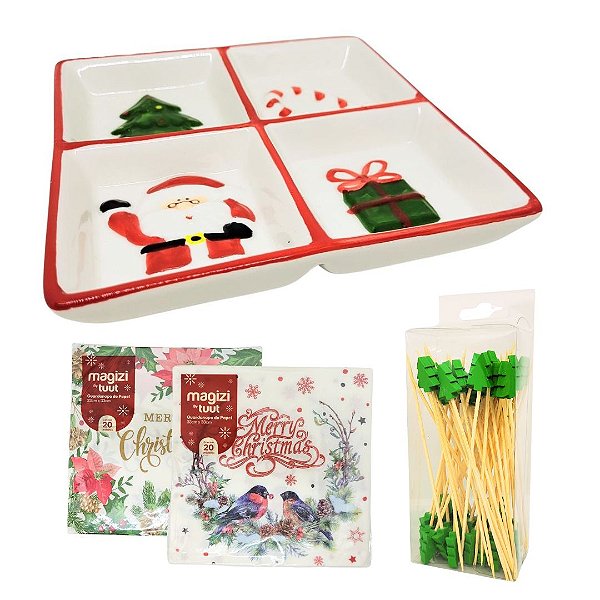 Kit Petisqueira Cerâmica Natal, Guardanapos Decorados e Palitos Petisco - Master Chirstmas