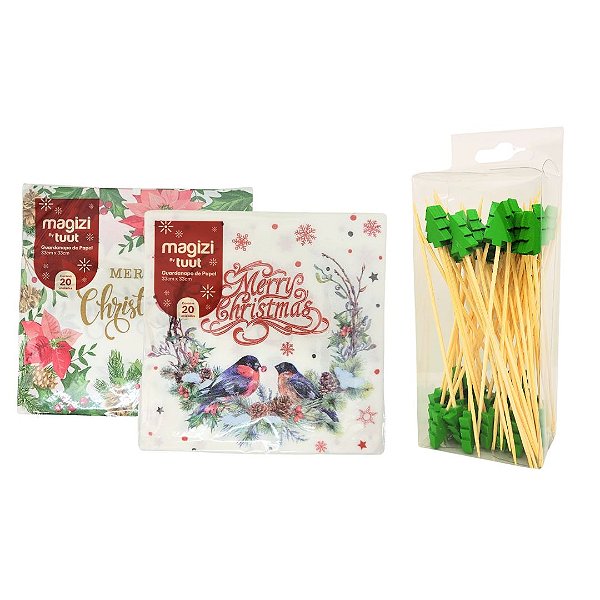 Kit 40 Folhas Guardanapos Natal Folhas Duplas e 50 Palitos Decorados Árvore Natal - Magizi